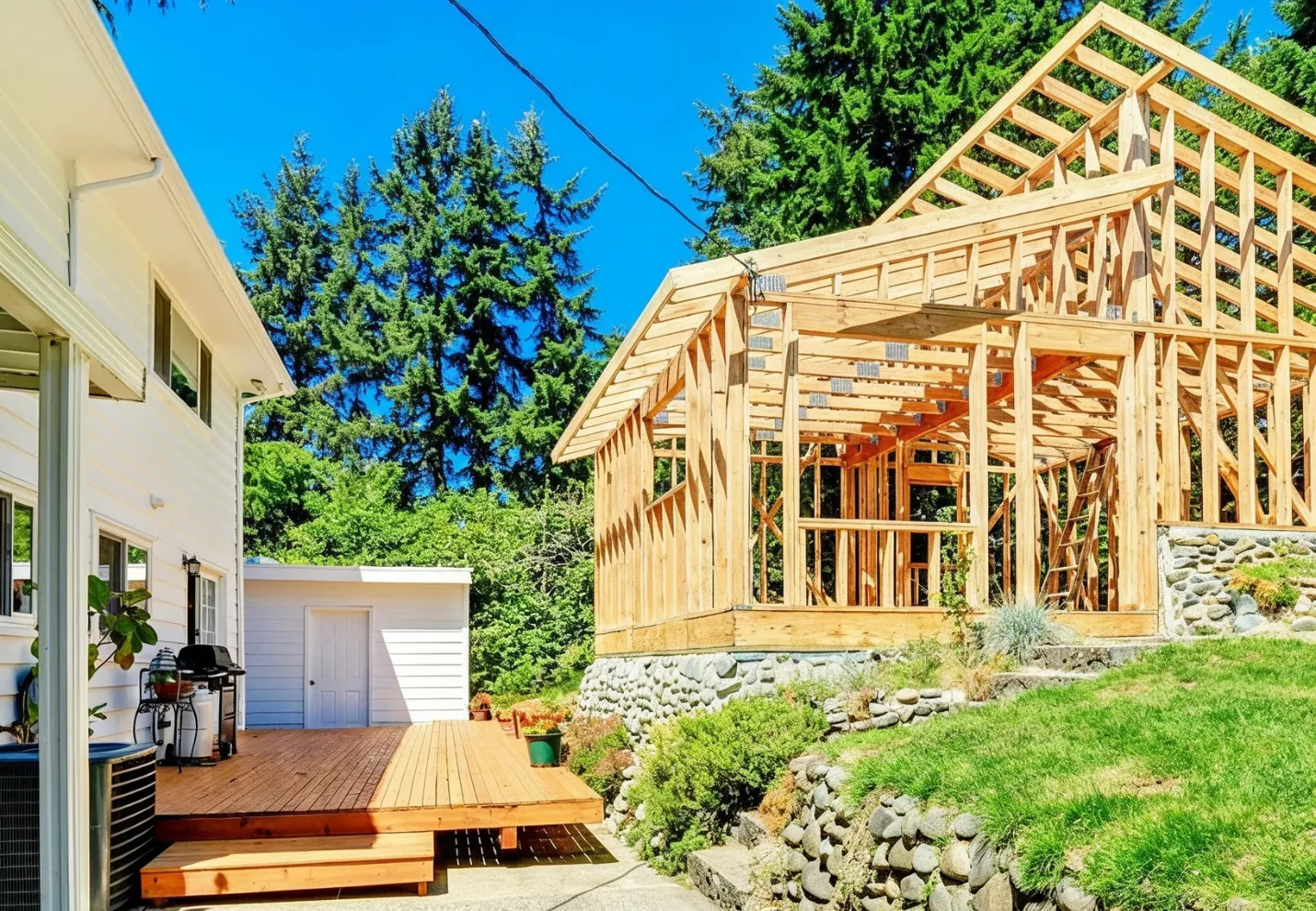 ADU construction project showing detached backyard unit framing in progress in Dallas TX